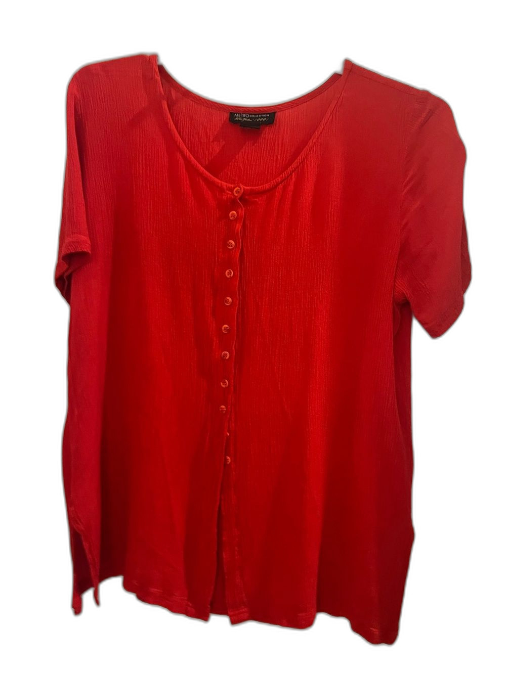 Metro Collection Coral Textured Button Front Blouse Top Size L 100% Rayon